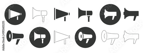 megaphone black white linear icons set