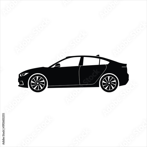 A sleek black sedan car silhouette with detailed rims and a shark fin antenna on a white background