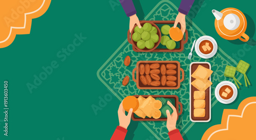 Top view of Iftar party with people sharing traditional food, dates, ketupat, and snacks for Ramadan Kareem and Eid Mubarak celebration background