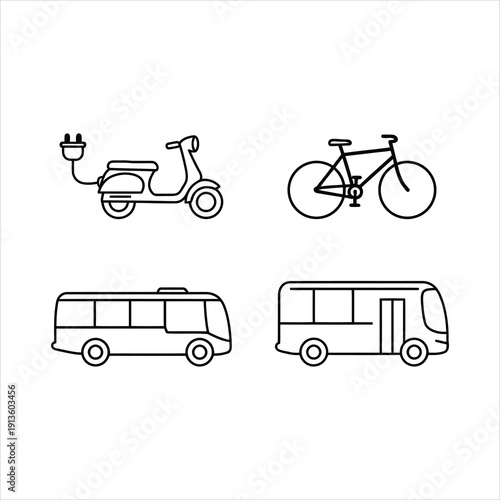 A collection of line art icons depicting various modes of transportation including an electric scooter, bicycle, and buses