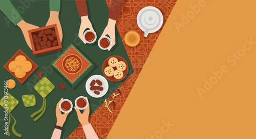 Ramadan Iftar Concept with People Hands Sharing Food, Dates, Tea, and Ketupat on Table Top View Illustration