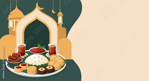 Ramadan Kareem and Iftar feast background with traditional food, dates, tea, and mosque silhouette illustration for Islamic holidays