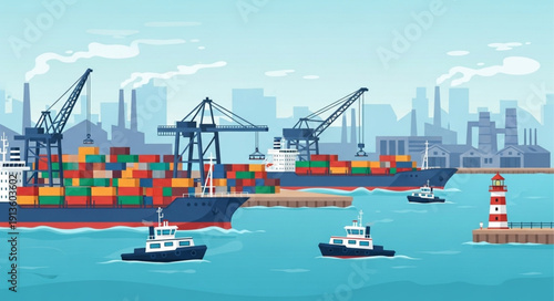 Busy shipping port with cargo ships and cranes.