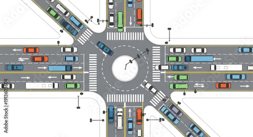 Busy traffic roundabout intersection with many cars and trucks.