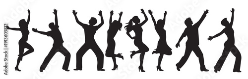 six black silhouettes of people dancing joyfully arms raised