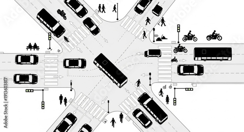 Busy City Intersection with Cars and Pedestrians.