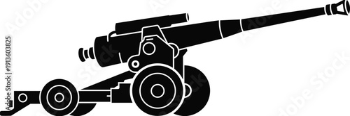 PrintArtillery cannon silhouette illustration, military weapon design, field gun vector art, warfare icon, defense graphic, historical equipment artwork