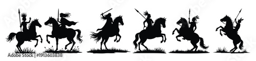 Six black silhouettes of warriors on horseback riding