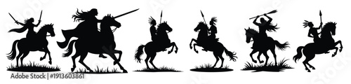 Six Black Silhouettes of Warriors on Horses riding