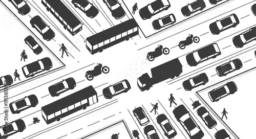 Busy city intersection with cars buses and motorcycles.