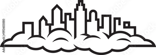 Abstract skyline outline, simple urban city shape with stylized clouds, black and white vector