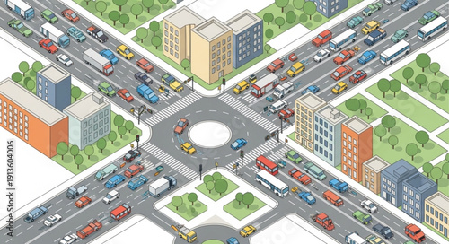 Busy City Intersection with Heavy Traffic and Buildings.
