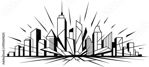 Geometric cityscape graphic art with radiating lines abstract modern design element