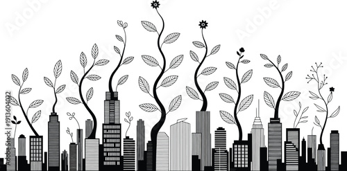 Green city concept growing plants on buildings eco friendly urban landscape illustration