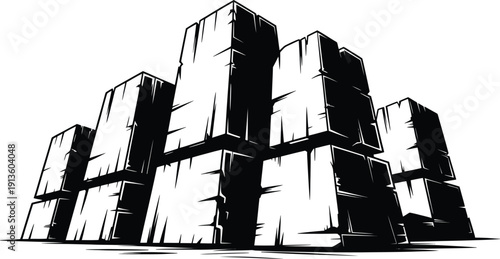 Heavy stone block monoliths with weathered texture and perspective view in dramatic black style