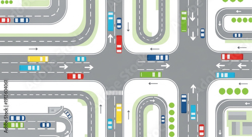 Busy city intersection with many cars and traffic lights.