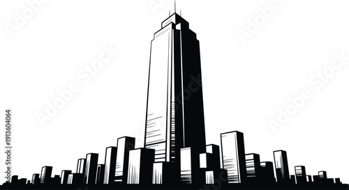 Large central skyscraper silhouette surrounded by smaller urban buildings in hand drawn style