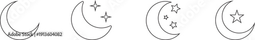 Crescent moon icon set with star and planet