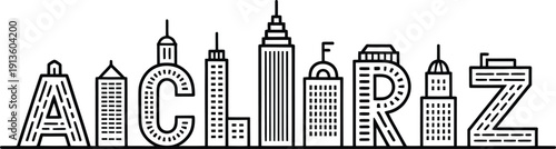 Outline city skyline forming various alphabet letters with detailed architectural features