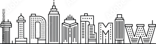 Outline city skyline with various buildings forming letters including a tall skyscraper