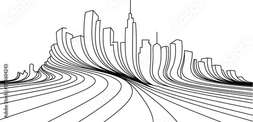 Perspective drawing of a futuristic city skyline with curved lines leading to vanishing point