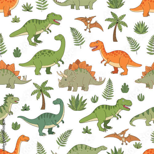 Colorful Cartoon Dinosaurs and Prehistoric Plants.