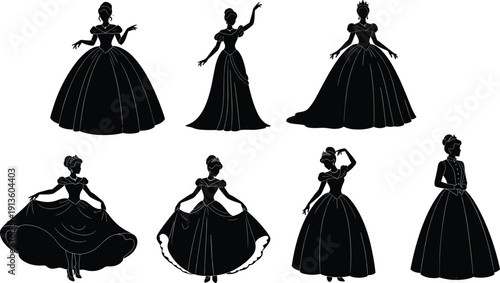 Silhouette set of princess woman in long dress, queen wearing crown and ball gown, fairy tale girl collection, vector illustration isolated on white.