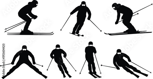 Silhouette set of skier man skiing downhill, winter sport activity, alpine snow mountain adventure, extreme speed motion, vector illustration isolated on white.