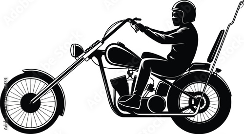 Black, silhouette, of, a, vintage, chopper, motorcycle, rider, with, high, handlebars, sissy, bar, on, isolated, white, background, vector