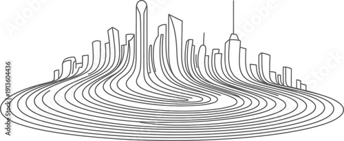 Wireframe futuristic city skyline with curved lines forming circular perspective effect