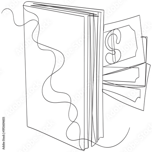 continuous line drawing book and banknote money illustration
