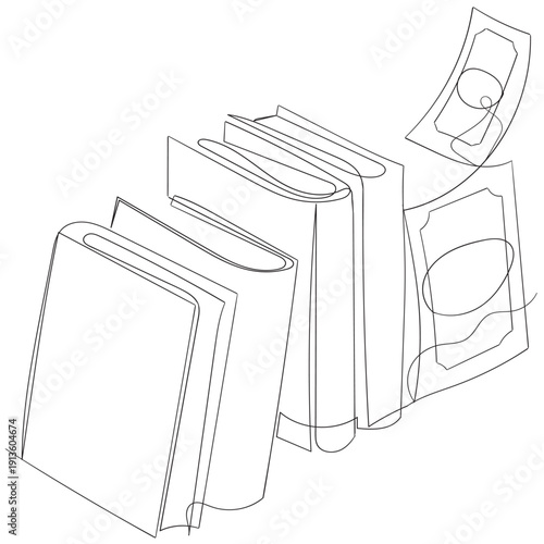 continuous line drawing book and banknote money illustration
