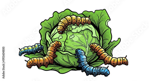 Colorful caterpillars crawling on fresh green cabbage head  