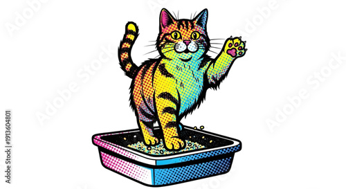 Colorful cat playfully stepping into a litter box  