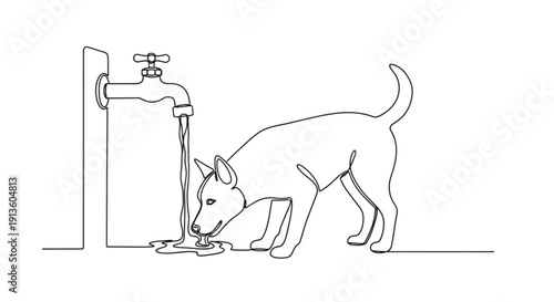 Dog drinking water from outdoor faucet in minimal line art style  