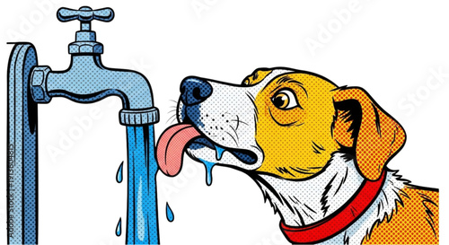 Dog drinking water from outdoor faucet with eager expression  