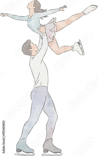 男女ペアのフィギュアスケーターの水彩風イラスト