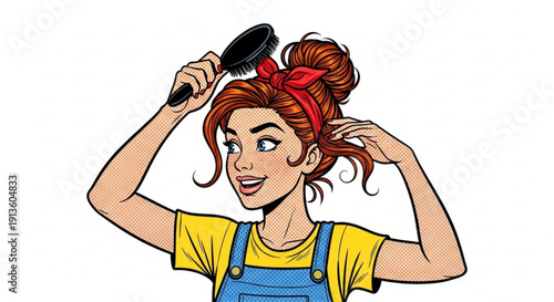 Woman with red hair brushing hair into bun wearing casual outfit  