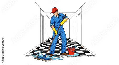 Janitor mopping floor with bucket in empty corridor  