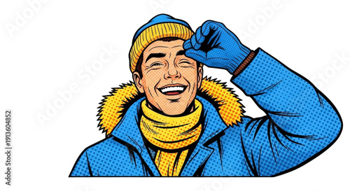 Smiling man wearing winter clothing and gloves in bright colors  
