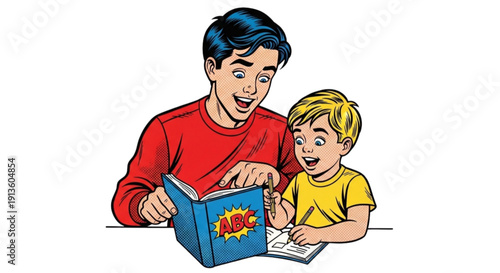 Child learning letters from book with older sibling in colorful style  