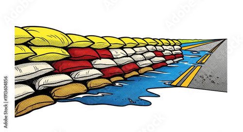 Flood barrier made of sandbags on flooded road with water  