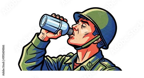 Soldier drinking from canteen while wearing a helmet and uniform  