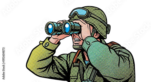 Soldier looking through binoculars in military uniform  