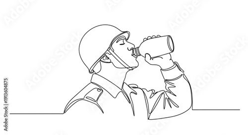Soldier drinking from canteen in minimalistic line art style  