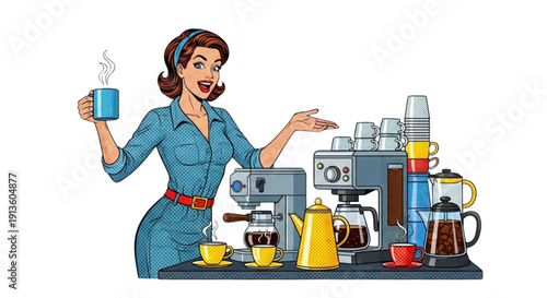 Woman serving coffee at a hot drinks station with cheerful expression  