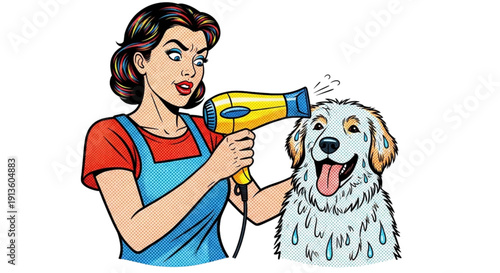 Woman drying wet dog with hairdryer at home  