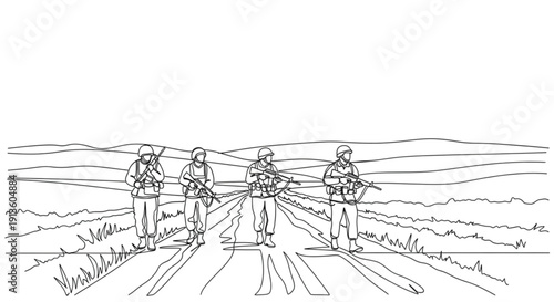 Four soldiers patrolling rural road with rifles in mountainous landscape  