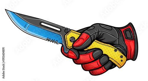 Tactical knife held in gloved hand with colorful handle design  