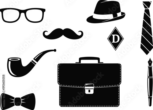 Black silhouettes of classic gentleman accessories set, vintage fashion icons including hat, tie, briefcase, pipe, and glasses for retro design,